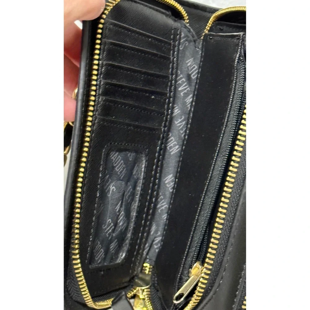 Steve Madden Black Saffiano Faux Leather Crossbody Wallet Bag Gold Chain Strap